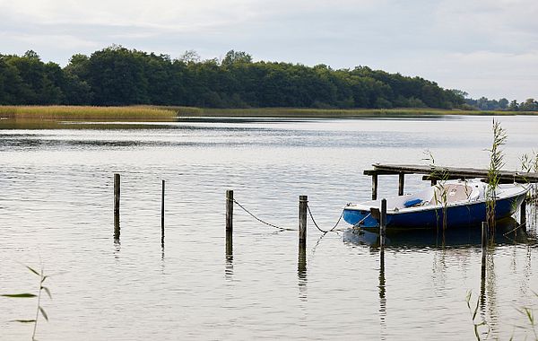 Ein einsames Boot liegt vertäut auf dem Selenter See