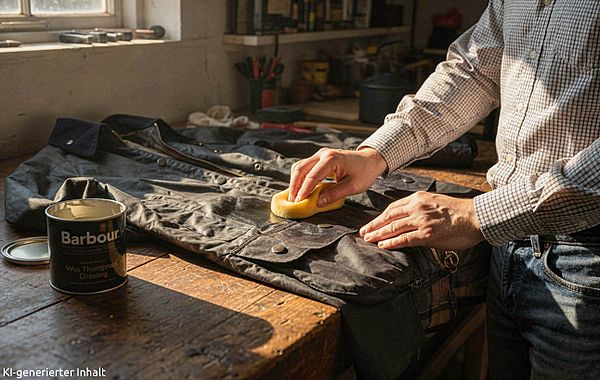 Mann behandelt Wachsjacke mit Schwamm und erneuert die Wachsschicht