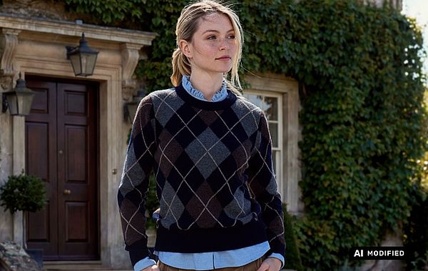 Strickmode von William Lockie Dame trägt Argylepullover