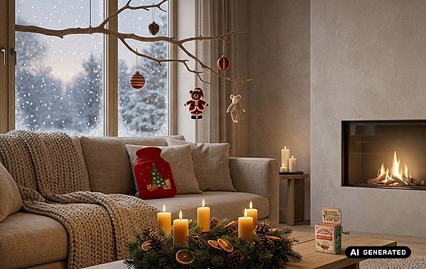 Wohnzimmer mit Kamindeko und weihnachtlicher Deko