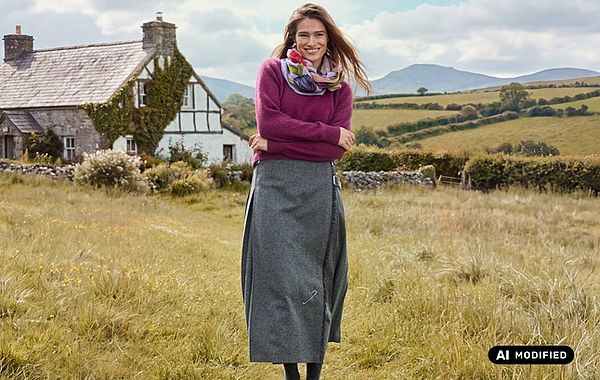 Klassischer Longkilt aus Irland Frau trägt Outfit mit langem Kiltrock