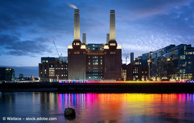 View of Battersea Power Station seen from the north side of the river Thames