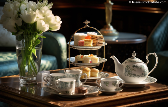 Etagere mit Teeservice für die klassische Teestunde am Nachmittag