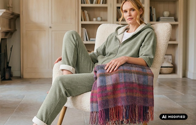 Frau macht es sich mit Plaid und Homewear bequem