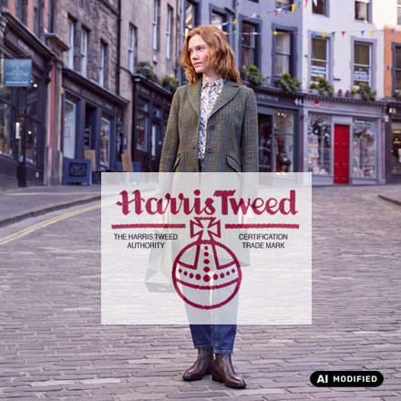 Frau auf Straße in Harris Tweed Jacke