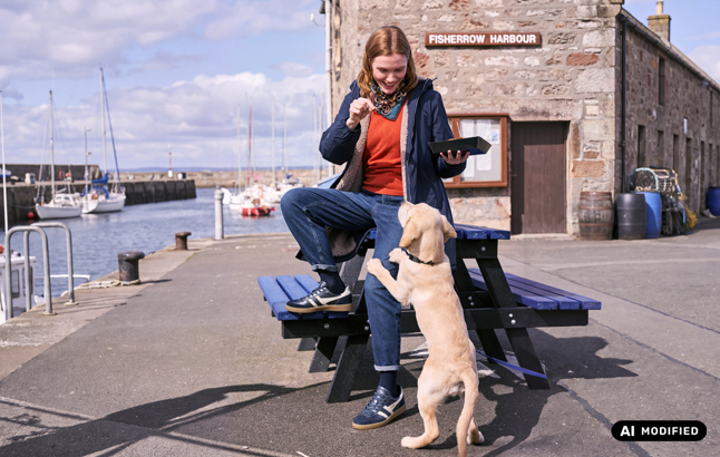 Frau mit Hund an Hafenkante