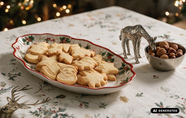 Ovale Schale mit Weihnachtskeksen daneben eine Schale mit Nüssen
