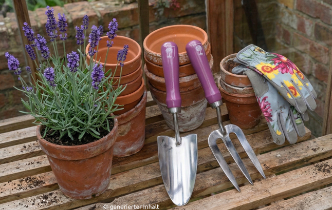 Lilafarbenes Gartenwerkzeug & Lavendel im Topf