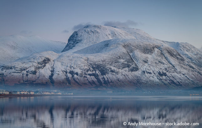 landscape view of scotland and ben nevis near fort william in winter